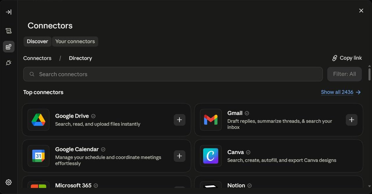 The Connectors screen in Claude, opened from Customize in the left sidebar, with the Discover and Your connectors tabs